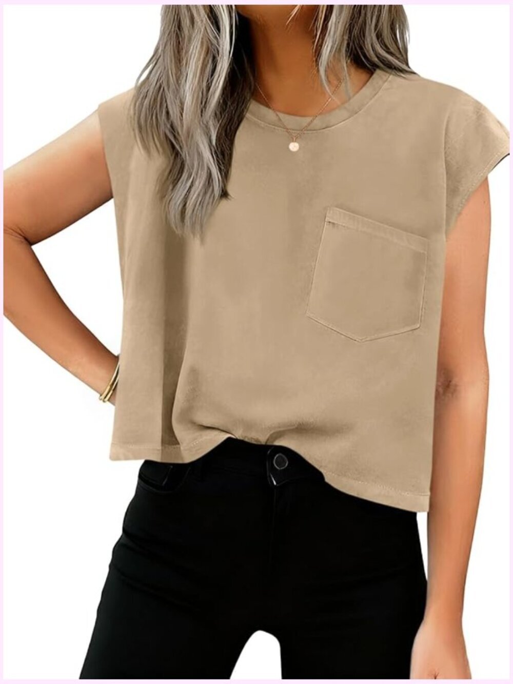 Crop Tank Top Cap Sleeve Loose Casual Crewneck with Pockets